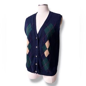 SAG HARBOR Navy Button Front Sleeveless Cardigan Argyle Green, Tan, Red VINTAGE